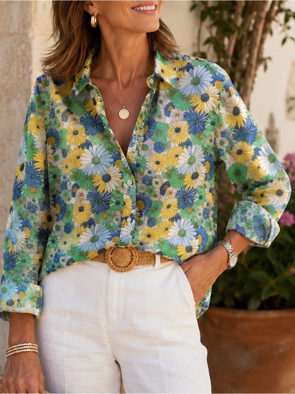 Talbots Floral Button-Front Shirt in Yellow, Green & Blue